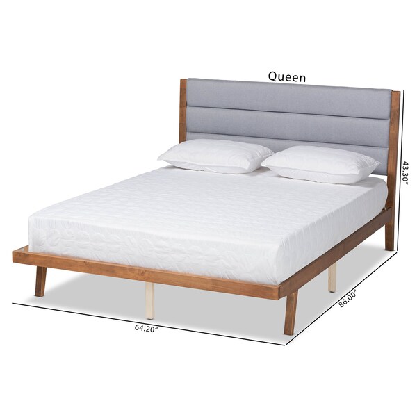 Jarlan ModernGrey Fabric Upholstered And Walnut Brown Finished Wood Platform Bed-Queen